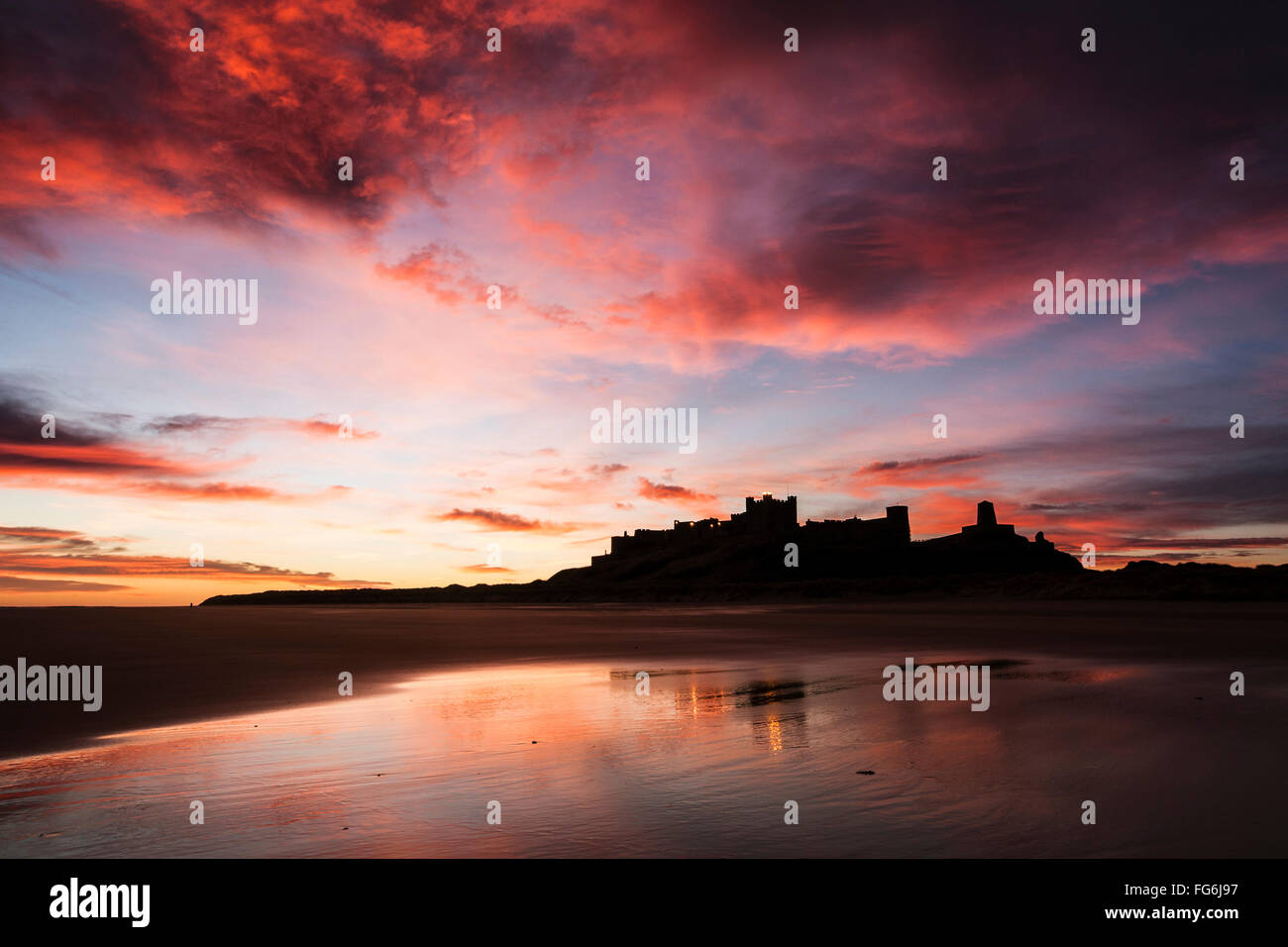 Bamburgh Castle angesehen von Bamburgh Strand bei Sonnenaufgang, Bamburgh, Northumberland, England, Vereinigtes Königreich Stockfoto