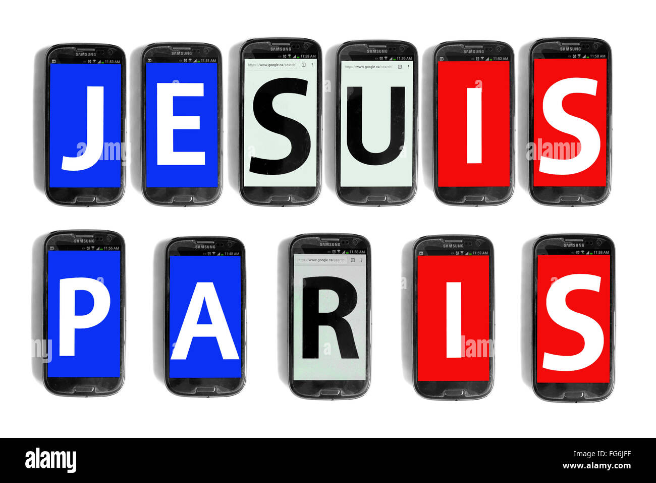 Je Suis Paris geschrieben am Smartphone Bildschirme vor weißem Hintergrund fotografiert. Stockfoto