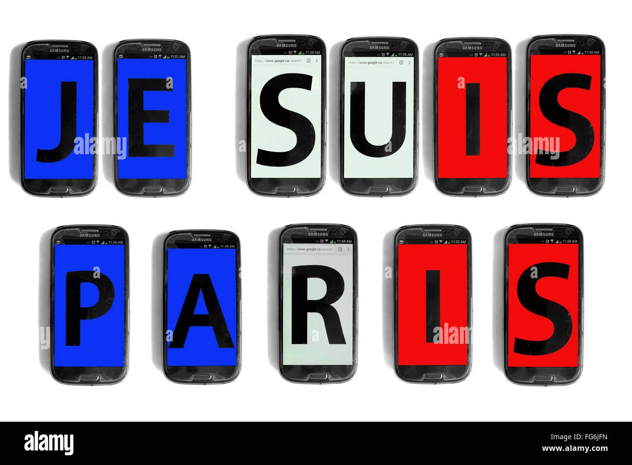 Je Suis Paris geschrieben am Smartphone Bildschirme vor weißem Hintergrund fotografiert. Stockfoto