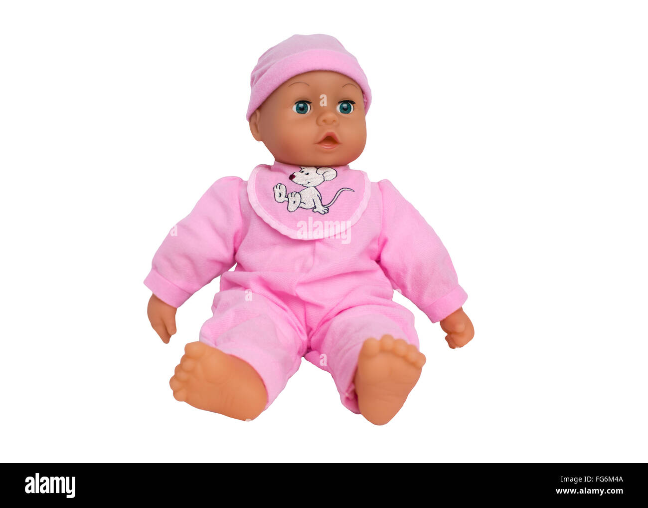 Babydoll in Rosa Kleidung isoliert auf weißem Hintergrund, Künstler Pinsel und Palette auf schwarzem Hintergrund unscharf selektive Stockfoto