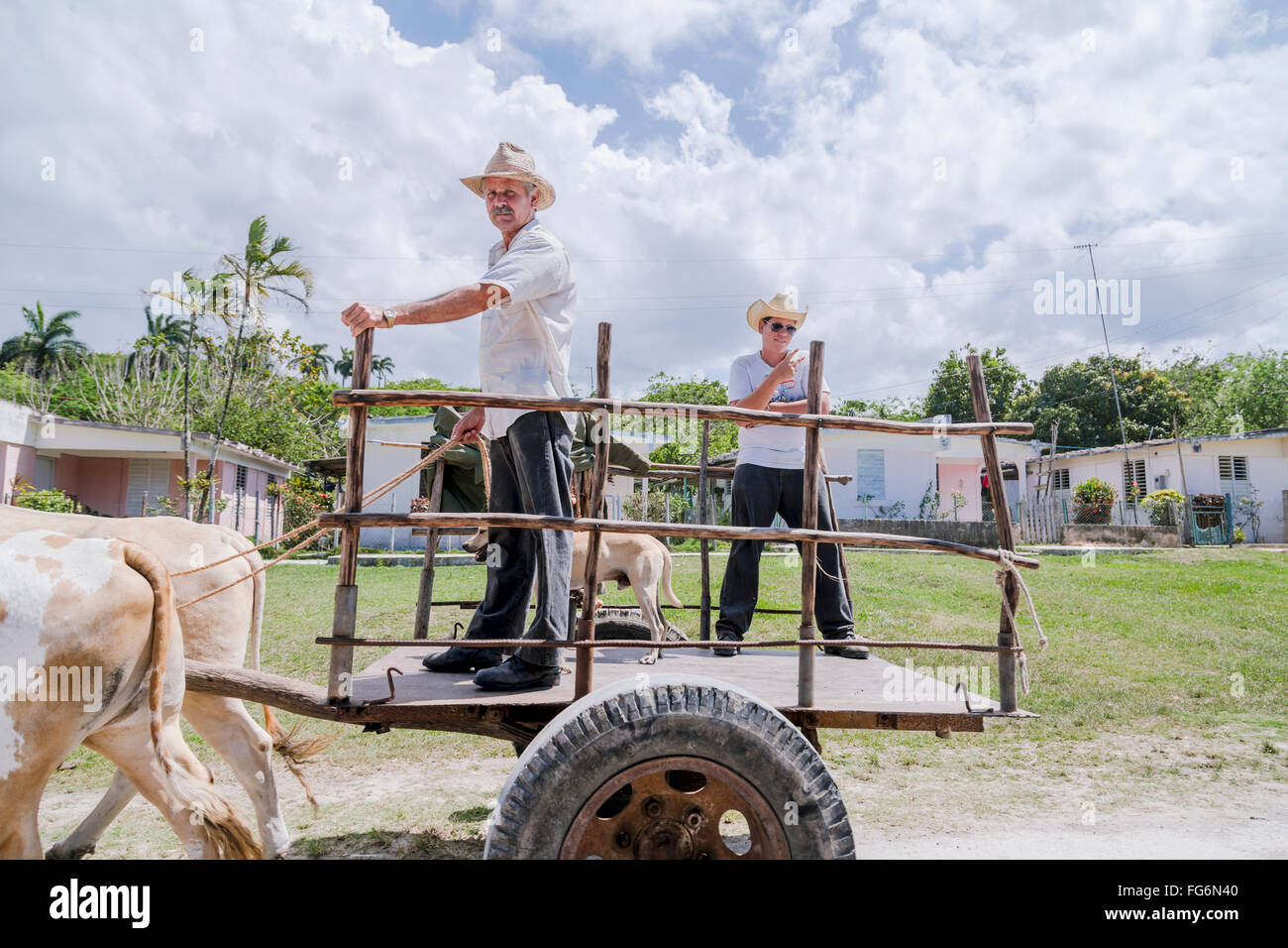 Eine kubanische Mann und seine Teenager-Sohn Pose für ein Foto während der Fahrt in einem Ochsenkarren zur Landwirtschaft und Transport; Matanzas, Kuba Stockfoto