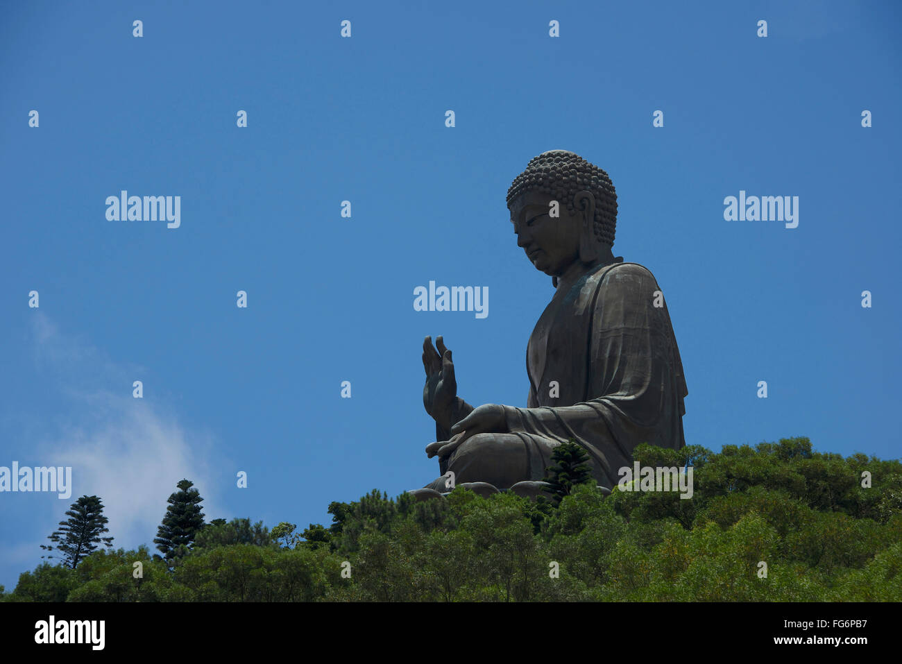 Big Buddha gegen blauen Himmel im Wald; Hong Kong Stockfoto