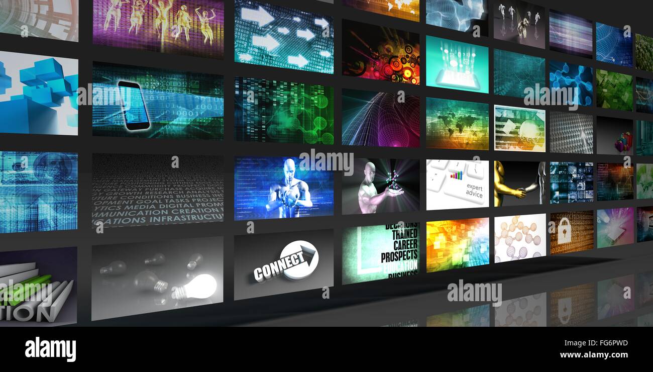 Medienkonzept Technologien als Videowand Hintergrund Stockfoto
