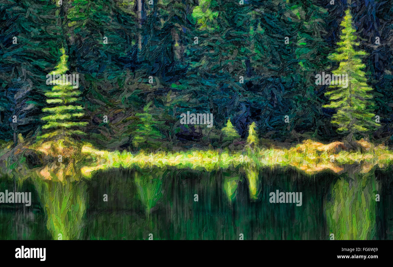 Abstrakten malerischen Duktus, Reflexion über Wasser, Jasper-Nationalpark; Alberta, Kanada Stockfoto