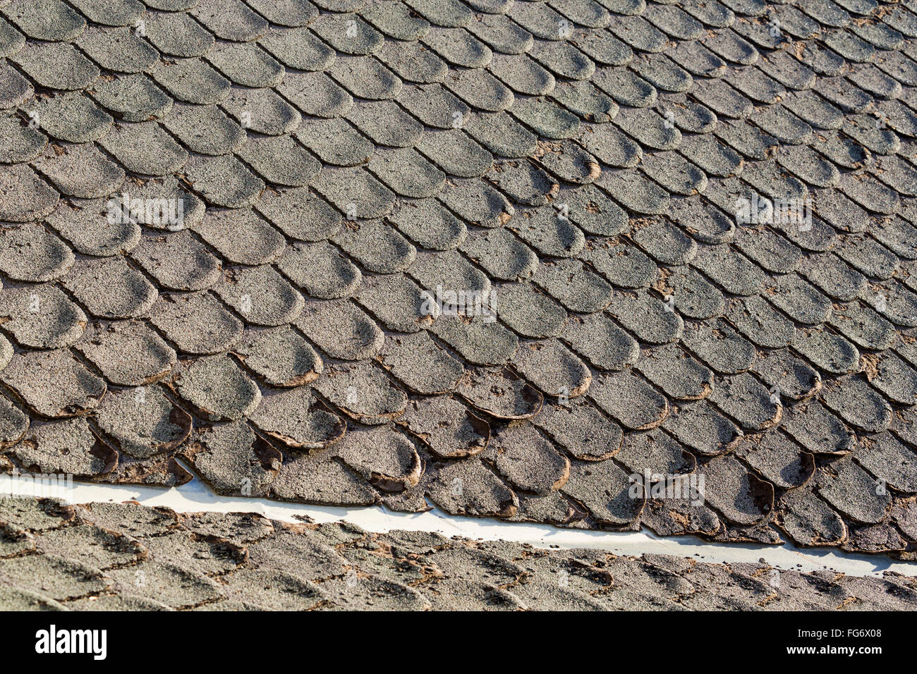 Detail der alten gut abgerundetes Dachschindeln getragen; Calgary, Alberta, Kanada Stockfoto