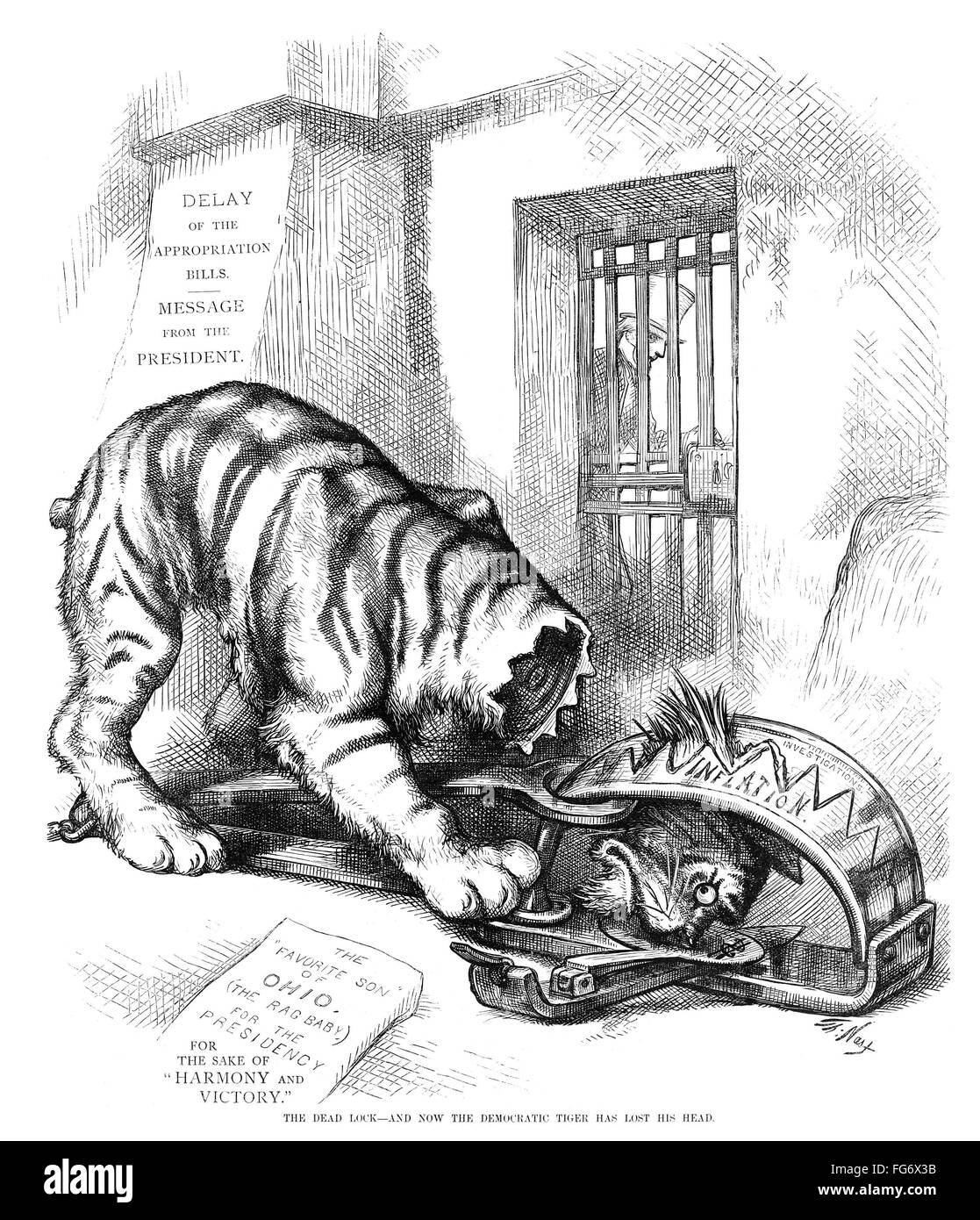 NAST: INFLATION CARTOON. / n'The dead Lock- und jetzt der demokratischen  Tiger hat den Kopf verloren. " Karikatur von Thomas Nast, 1876, zeigt die  demokratische Partei als Tiger getötet durch die Inflation