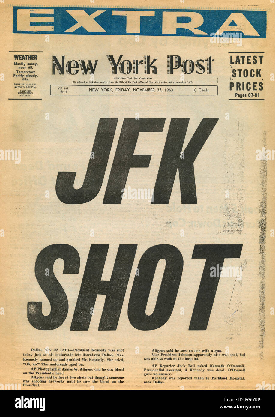 KENNEDY (1917-1963). /n35th Präsident der Vereinigten Staaten. Titelseite der New York Post, 22. November 1963, Ankündigung Kennedys-Ermordung. Stockfoto