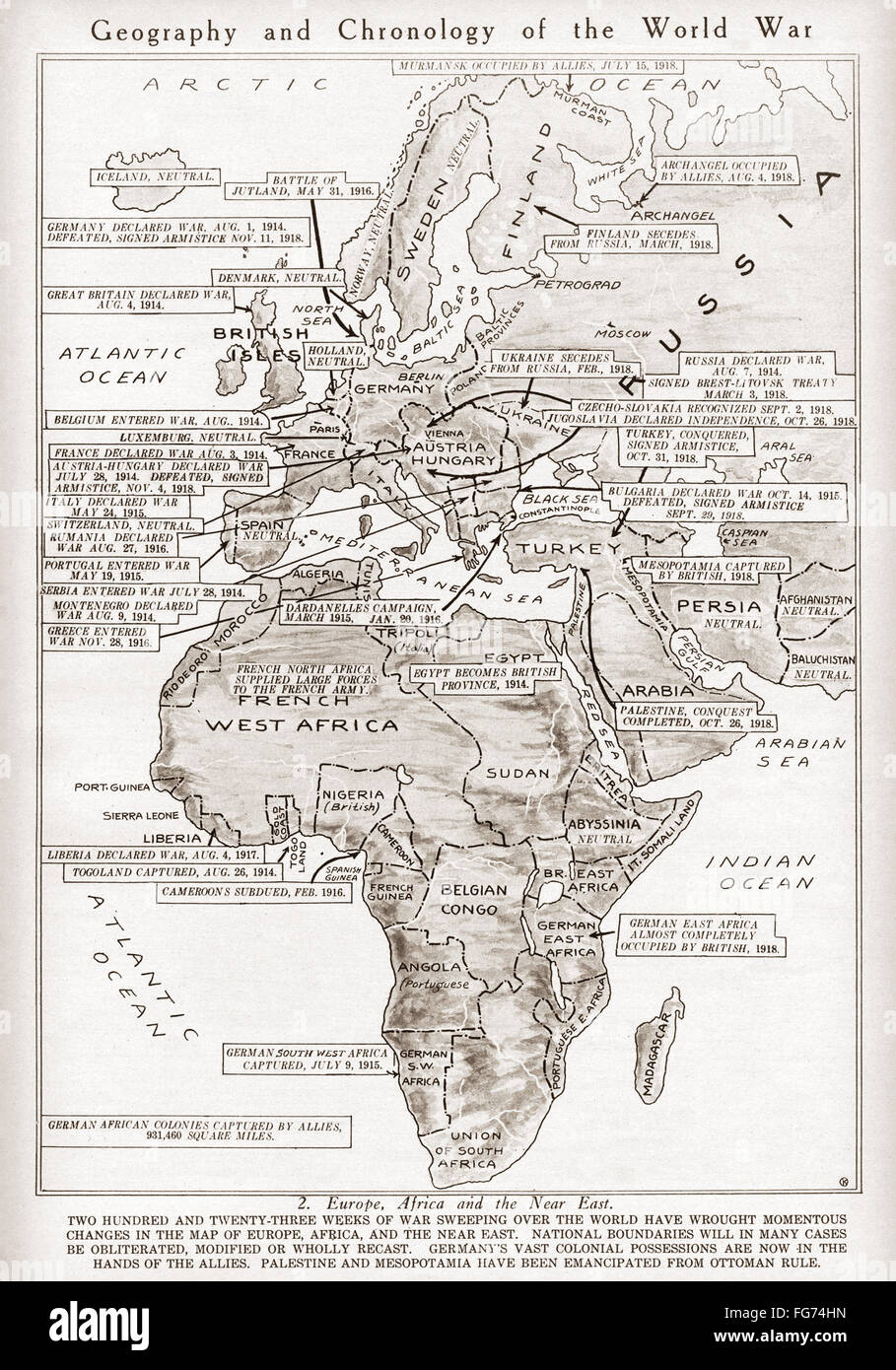 WELTKRIEG I: GEOGRAPHIE. /nMap zeigt die Chronologie und Geographie der Auswirkungen des ersten Weltkrieges in Europa und Afrika, Stockfoto