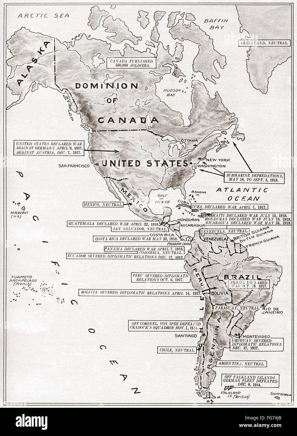 WELTKRIEG I: KARTE. / nMap, 1919, zeigt die Geographie und Chronologie des ersten Weltkrieges in Nord- und Südamerika. Stockfoto