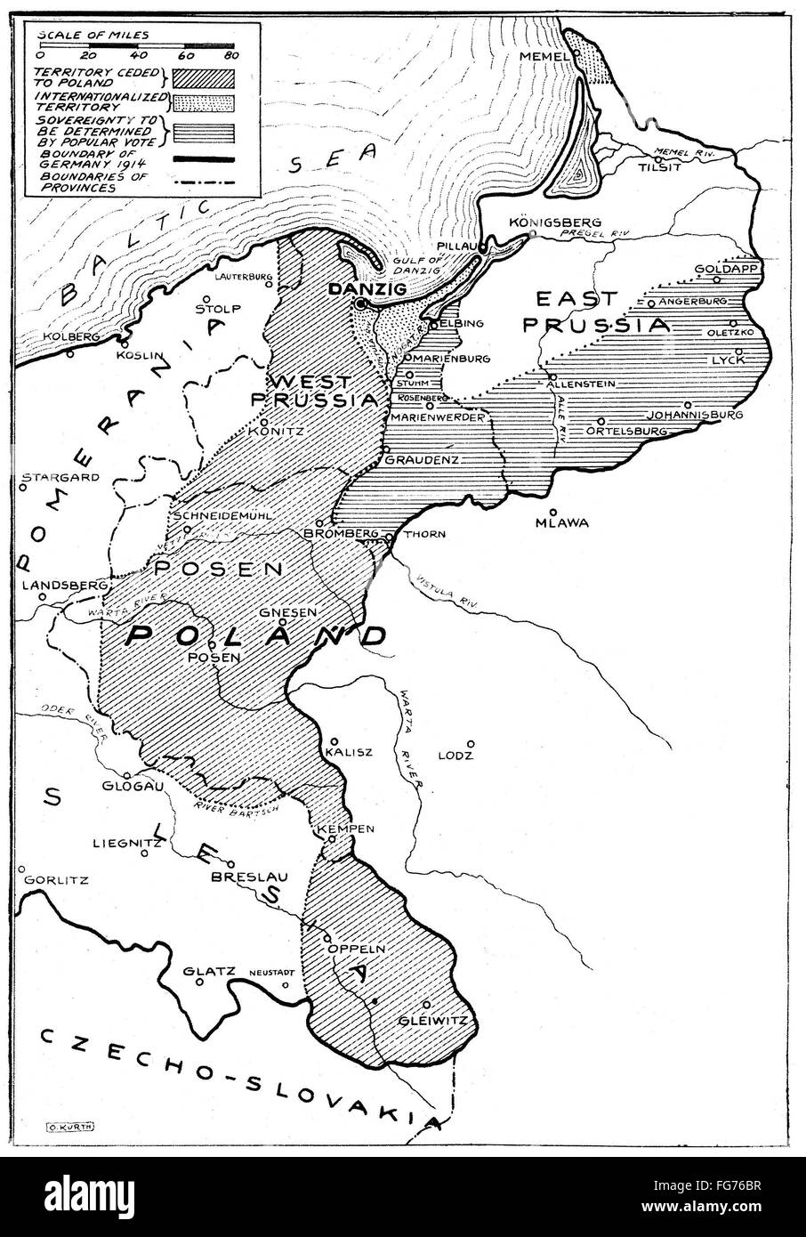 ERSTEN WELTKRIEG: KARTE, 1919. / nMap zeigt Abschnitte Ostdeutschlands, die internationalisierte 