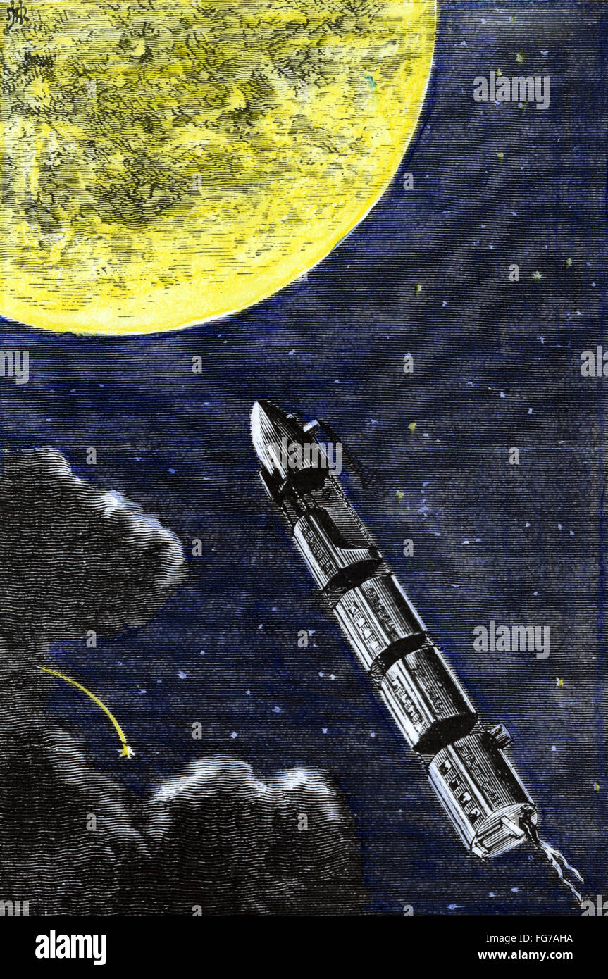 VERNE: VON DER ERDE ZUM MOND. /nColored Gravur aus einer aus dem 19