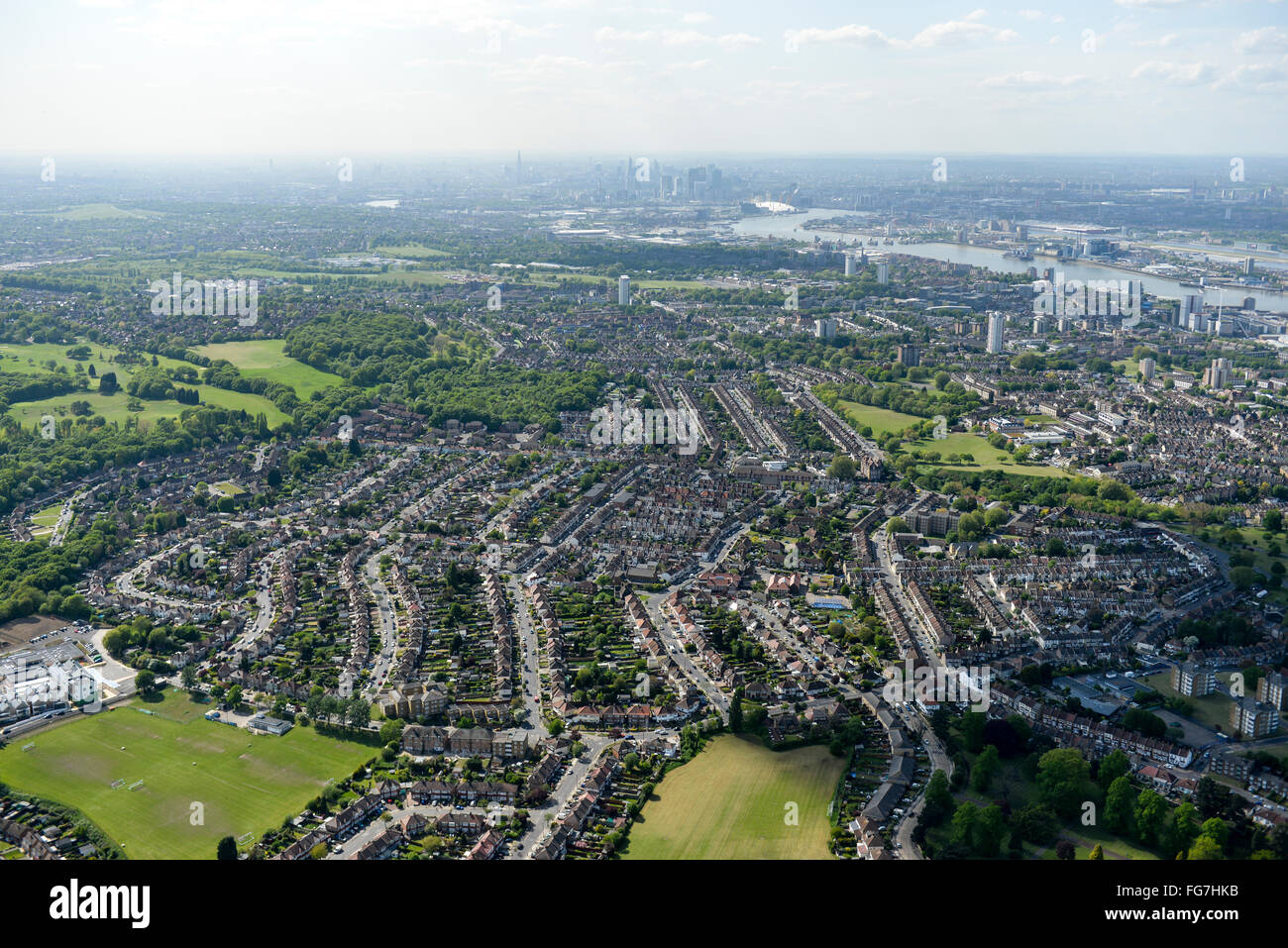 Eine Luftaufnahme der Gegenden von Woolwich und Shooters Hill, Süd-London Stockfoto