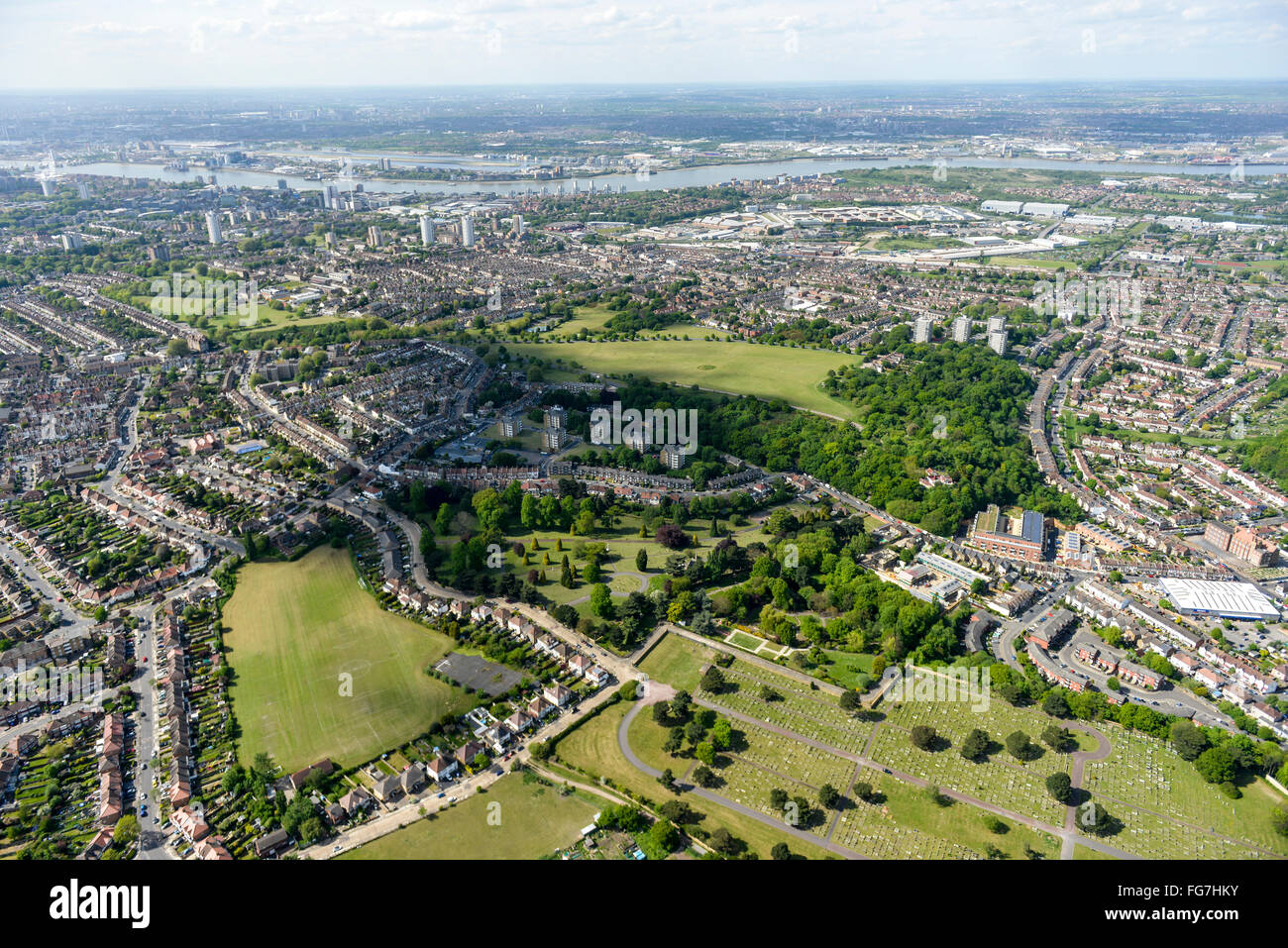 Eine Luftaufnahme der Gegenden von Woolwich und Shooters Hill, Süd-London Stockfoto