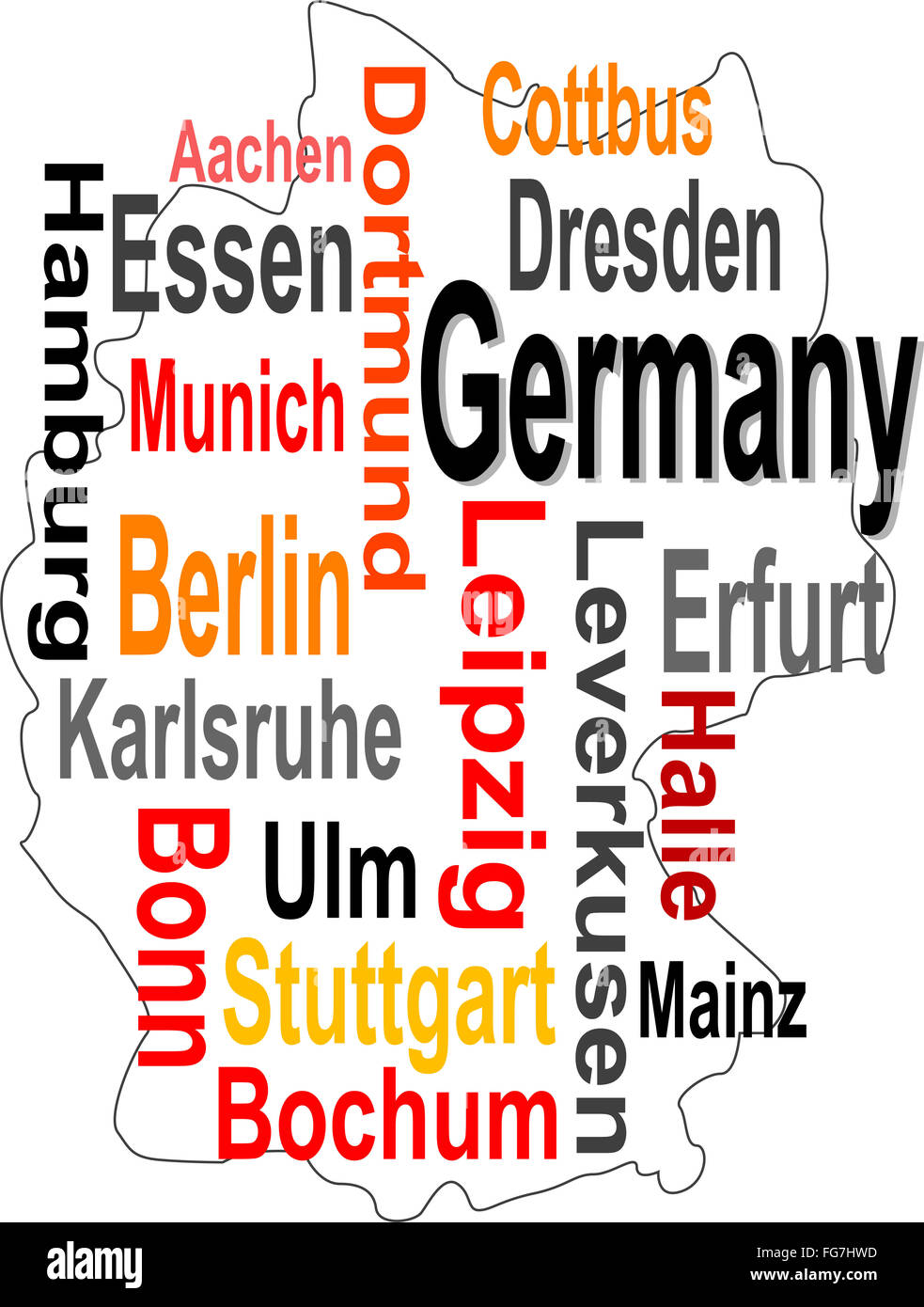 Deutschland Karte und Wörter Wolke mit größeren Städten Stockfoto