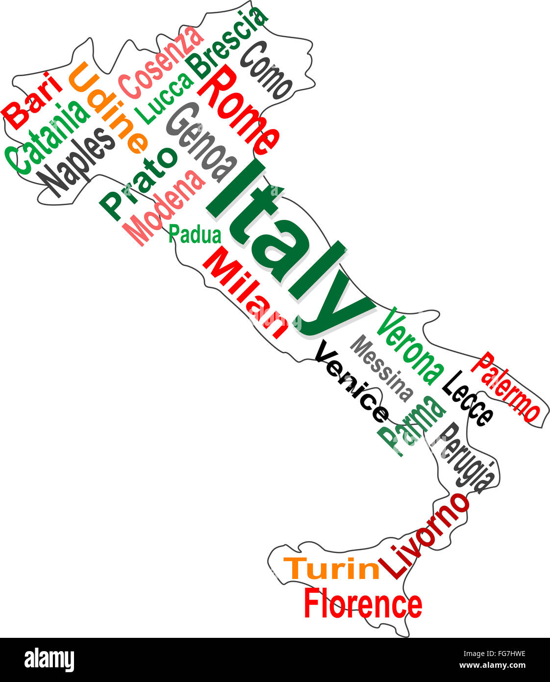 Italien Karte und Wörter Wolke mit größeren Städten Stockfoto