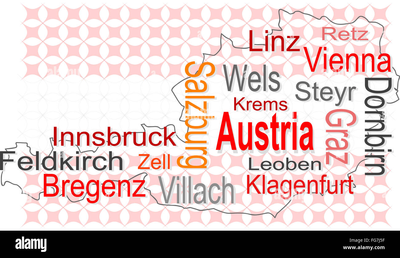 Österreich Karte und Wörter Wolke mit größeren Städten Stockfoto