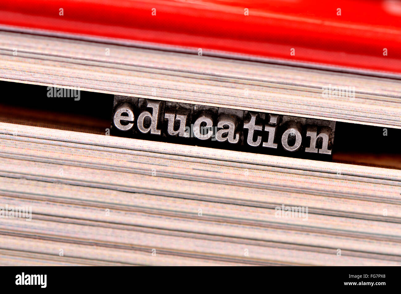 Buchdruck Zeichen Rechtschreibung aus "Bildung" auf den Seiten eines Buches Stockfoto