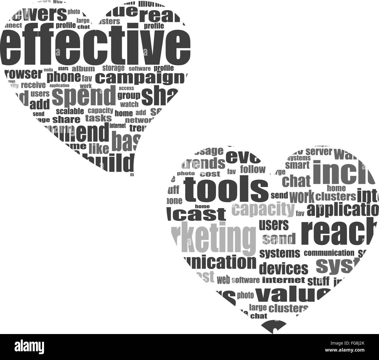 Info-Text Grafik höre mit deinem Herzen in Wortwolke in weißen Hintergrund isoliert Stockfoto