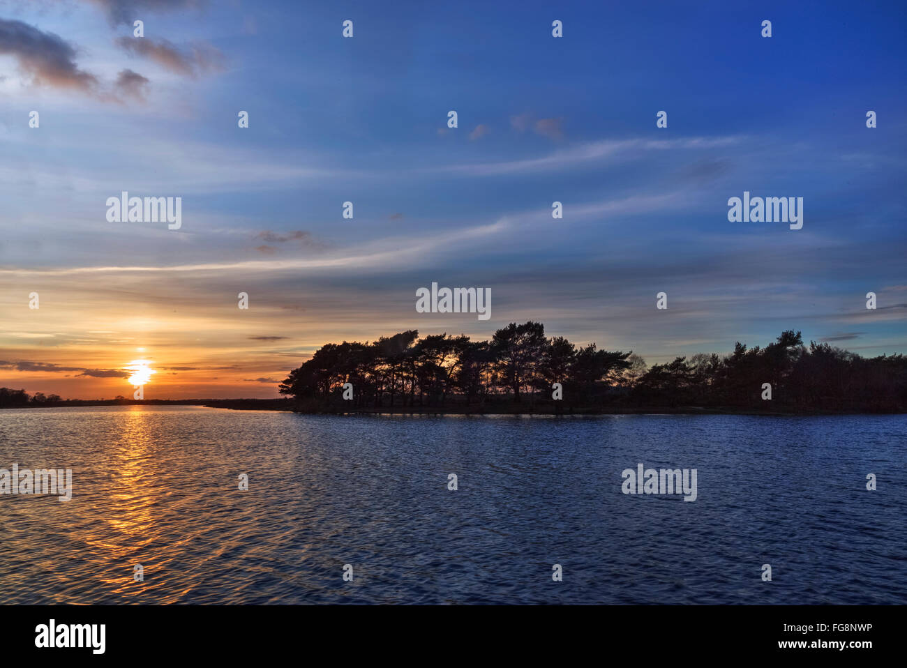 Sonnenuntergang im New Forest am Beil Teich, Beaulieu, Hampshire, England, UK Stockfoto