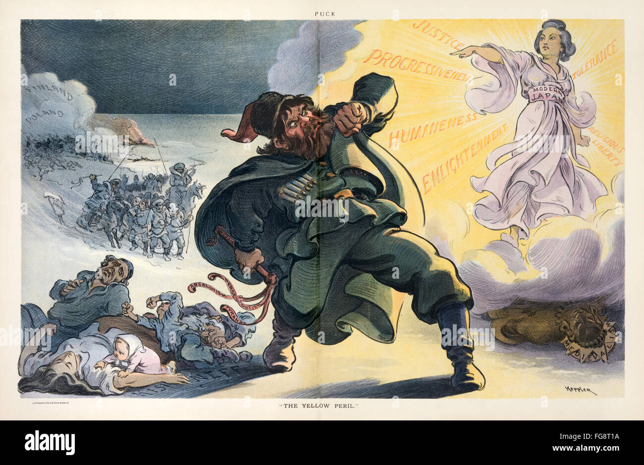 "Die gelbe Gefahr" Karikatur von Puck-Magazin veröffentlicht in 1904 zeigt Russland verfolgt, Polen und Finnland geblendet durch das Licht eine progressive Japans. Stockfoto