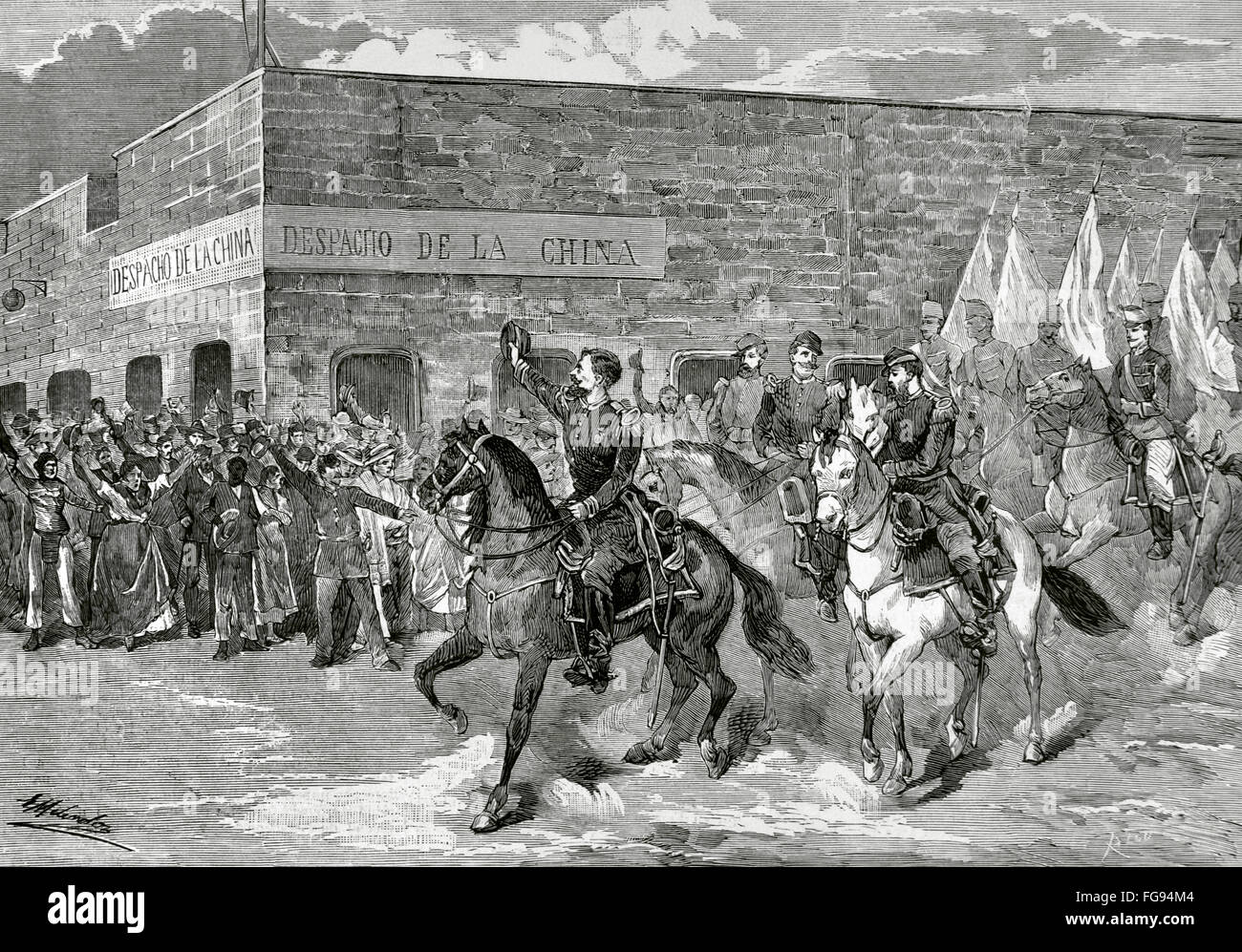 Krieg des Pazifiks (1879-1883). Westliches Südamerika mit Bolivien und Peru vor Chile als ein Belligerants. Einstieg in Iquique (Chile) von General Hilarion Daza (1840 – 1894), Präsident der Republik Bolivien, am 17. Juli 1879. Kupferstich von Rico. La Ilustración Española y Americana, 1879 Stockfoto