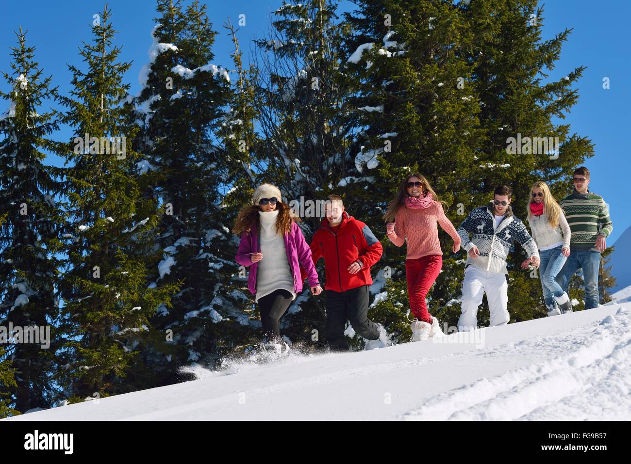 Winterspaß mit Jugendlichen Gruppe Stockfoto