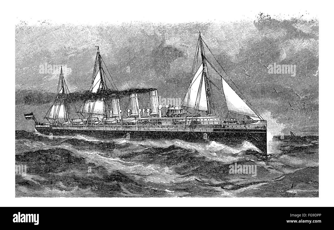 Vintage Gravur, deutsche Ozeandampfer Augusta Victoria im Jahre 1889 in Betrieb genommen. Stockfoto
