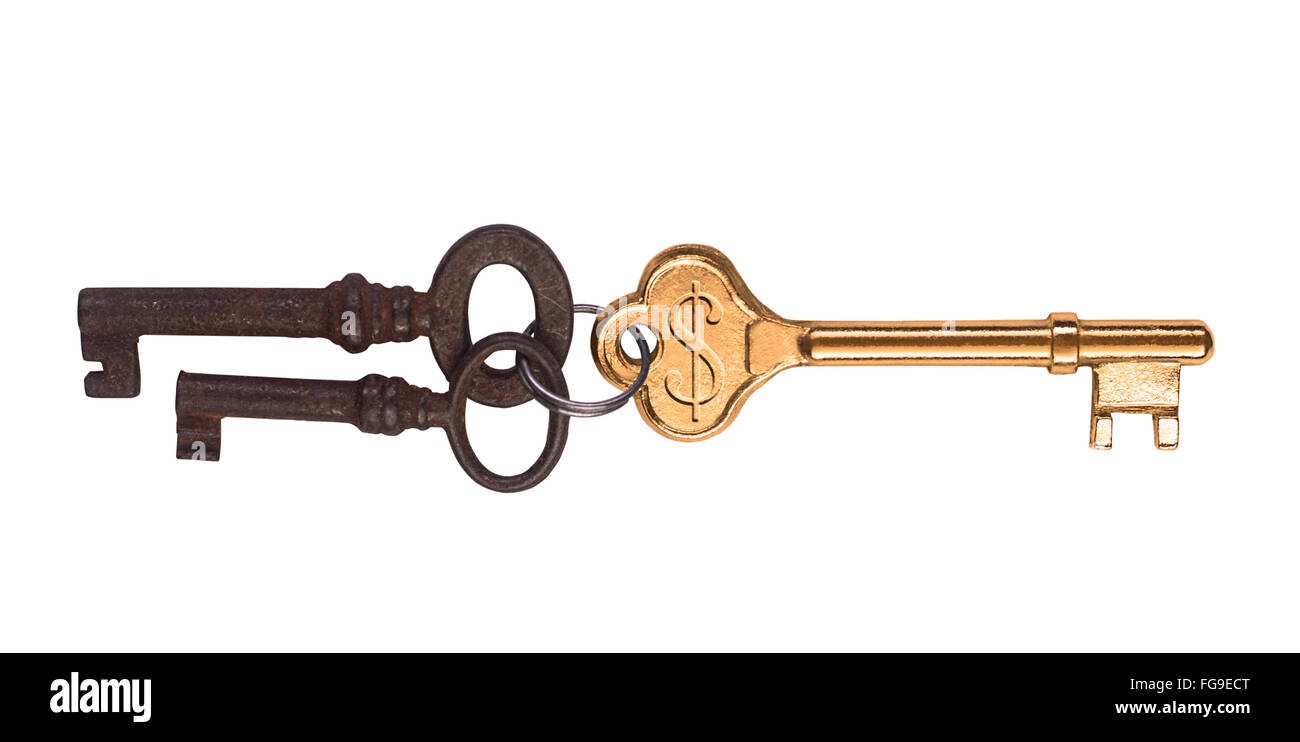 Ein goldener Schlüssel mit gravierten Dollarzeichen und zwei verrostet sind. Stockfoto