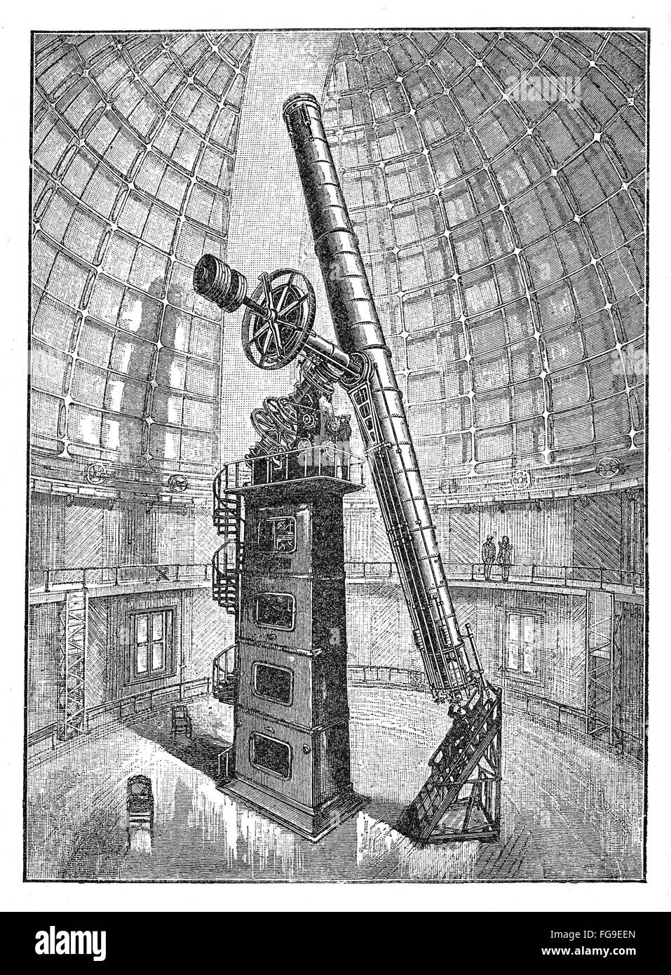 Leistung in der Technik: Refracting Teleskop des Observatoriums der Hamilton Berg Califormia seit 1888, das weltweit erste permanent besetzten Berggipfel Observatorium, Vintage Gravur Stockfoto