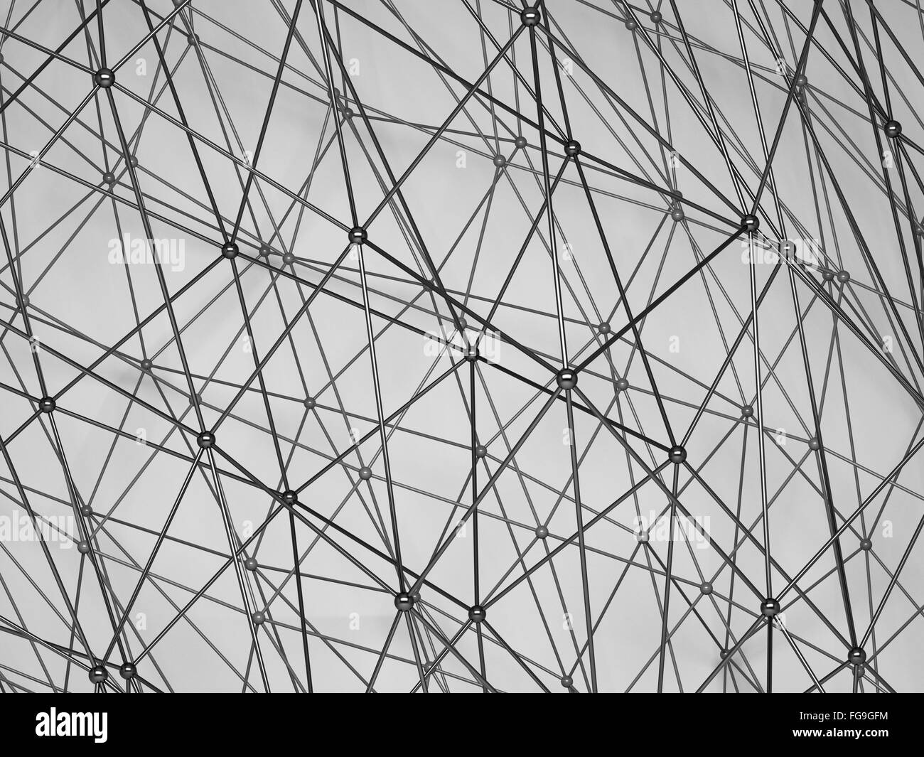 Abstrakt schwarz glänzenden 3d digitale molekulare Netzstruktur auf grauem Hintergrund mit weichen Schatten. Digitale illustration Stockfoto