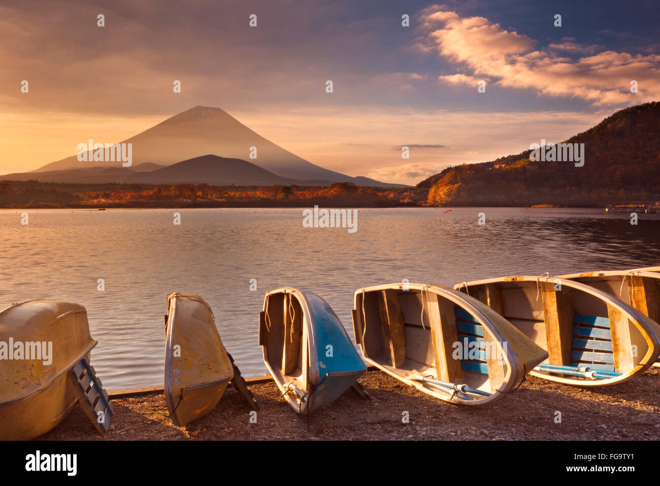 Mount Fuji (Fujisan, 富士山), fotografiert bei Sonnenaufgang vom See Shoji (Shojiko, 精進湖). Stockfoto