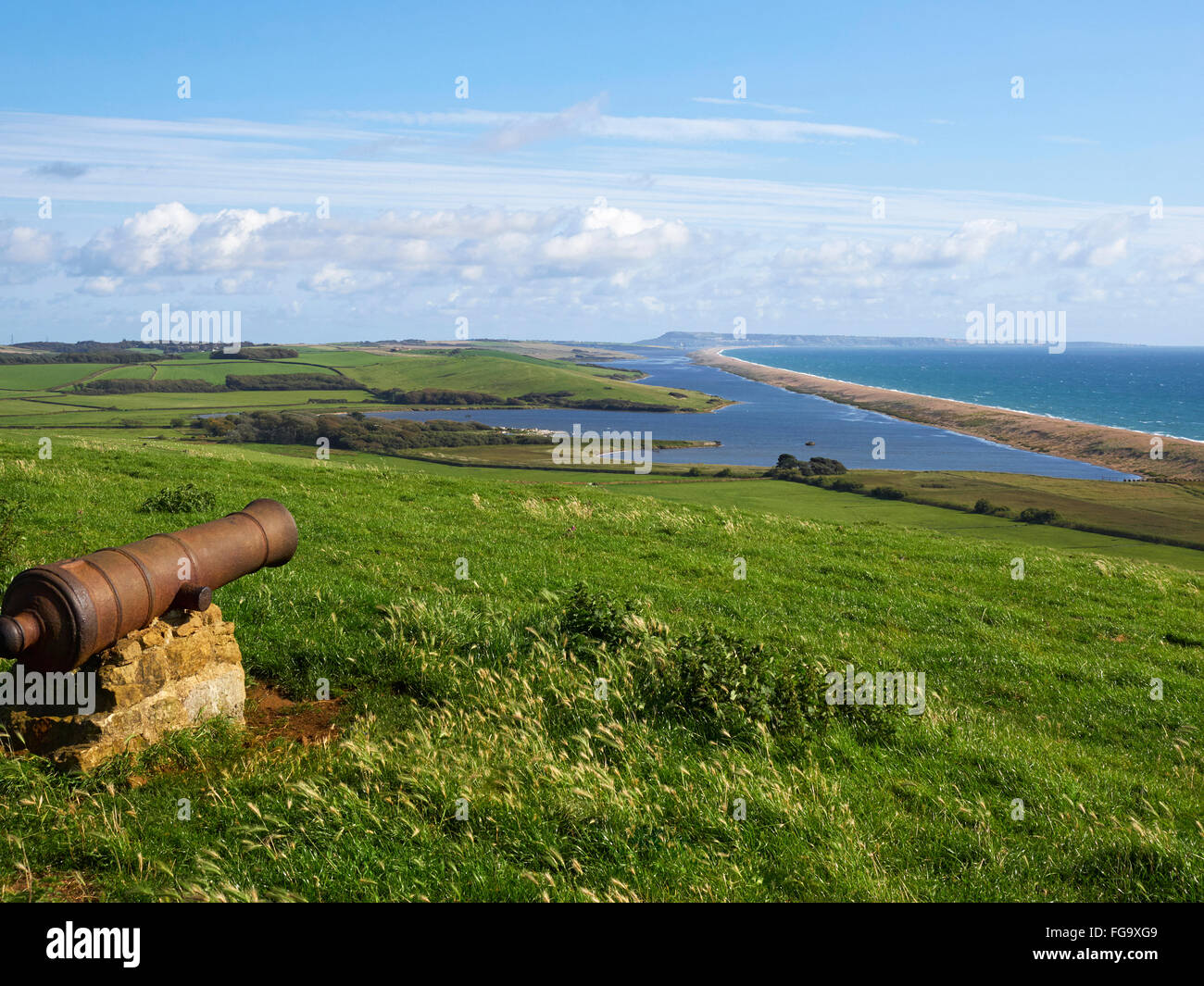 Dorset Chesil beach Abbotsbury Flotte Lagune und der Isle of Portland an der Jurassic Coast zum UNESCO-Weltkulturerbe Stockfoto