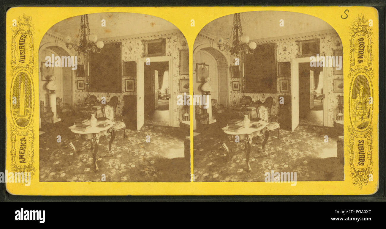 Ein altes stereoskopisches Foto aus der Robert N. Dennis-Sammlung, das Washingtons Hauptquartier in Cambridge, Massachusetts zeigt. Das Bild bietet einen historischen Blick auf den Ort, an dem George Washington während des Unabhängigkeitskrieges die amerikanischen Streitkräfte kommandierte. Stockfoto