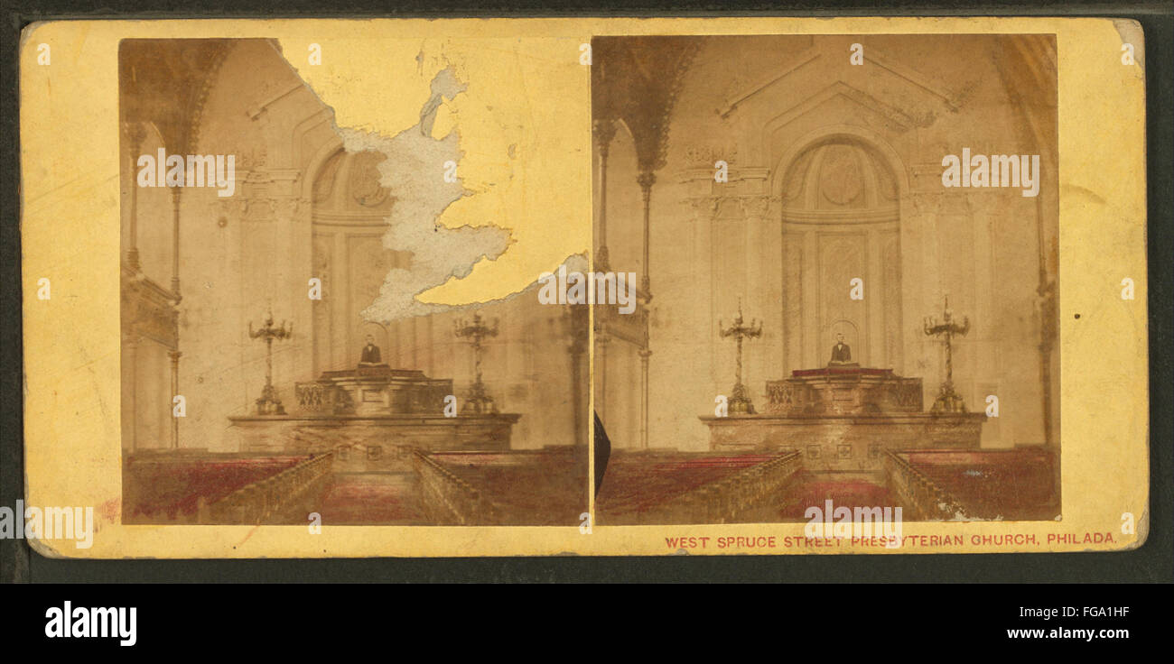 Die West Spruce Street Presbyterian Church, die sich an der Ecke von Spruce und siebzehnten Straße in Philadelphia befindet, wurde von McAllister & Brother erbaut und ist ein bedeutendes Beispiel für die Kirchenarchitektur des 19. Jahrhunderts in der Stadt. Stockfoto