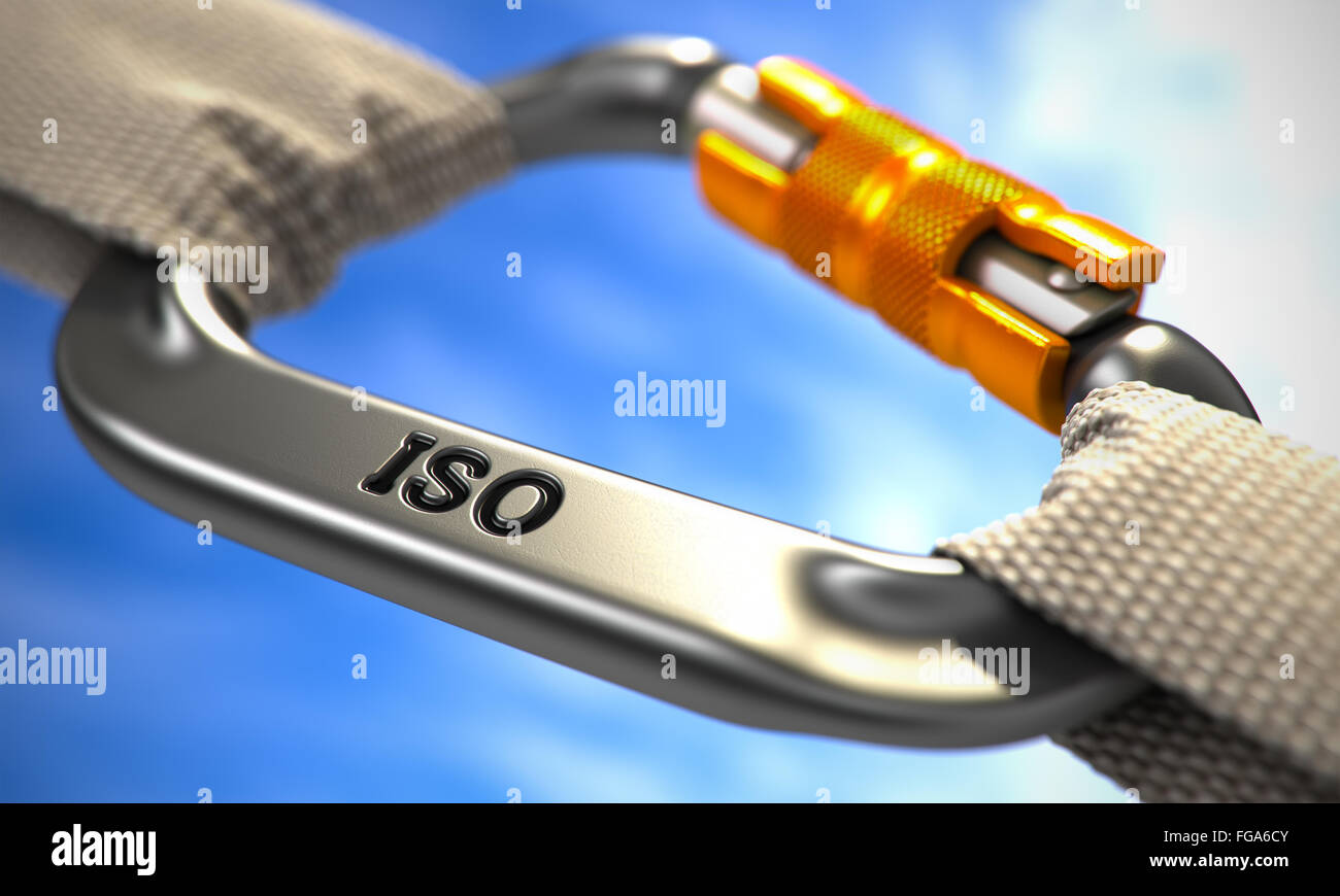 Chrom-Karabiner-Haken mit Text ISO. Stockfoto