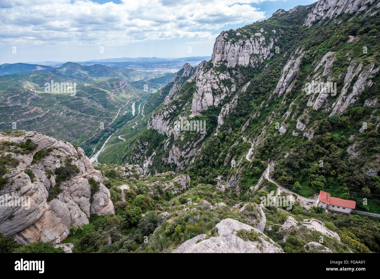 Luftbild in Montserrat Berge in der Nähe von Benediktiner-Abtei Santa Maria de Montserrat, Monistrol de Montserrat, Katalonien, Spanien Stockfoto