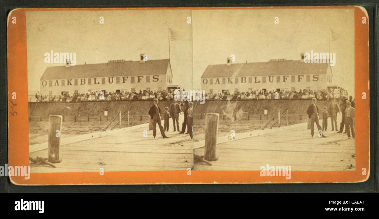 Ein Foto einer Gruppe von Menschen, die sich bei der Landung der Oak Bluffs versammelten, aufgenommen von C. H. Shute & Son. Die Abbildung zeigt die geschäftige Dockingszene mit Personen, die an verschiedenen Aktivitäten beteiligt sind. Stockfoto