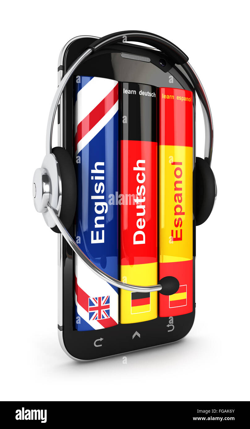 3D e-Learning-Smartphone mit Kopfhörer, isoliert, weißer Hintergrund Stockfoto