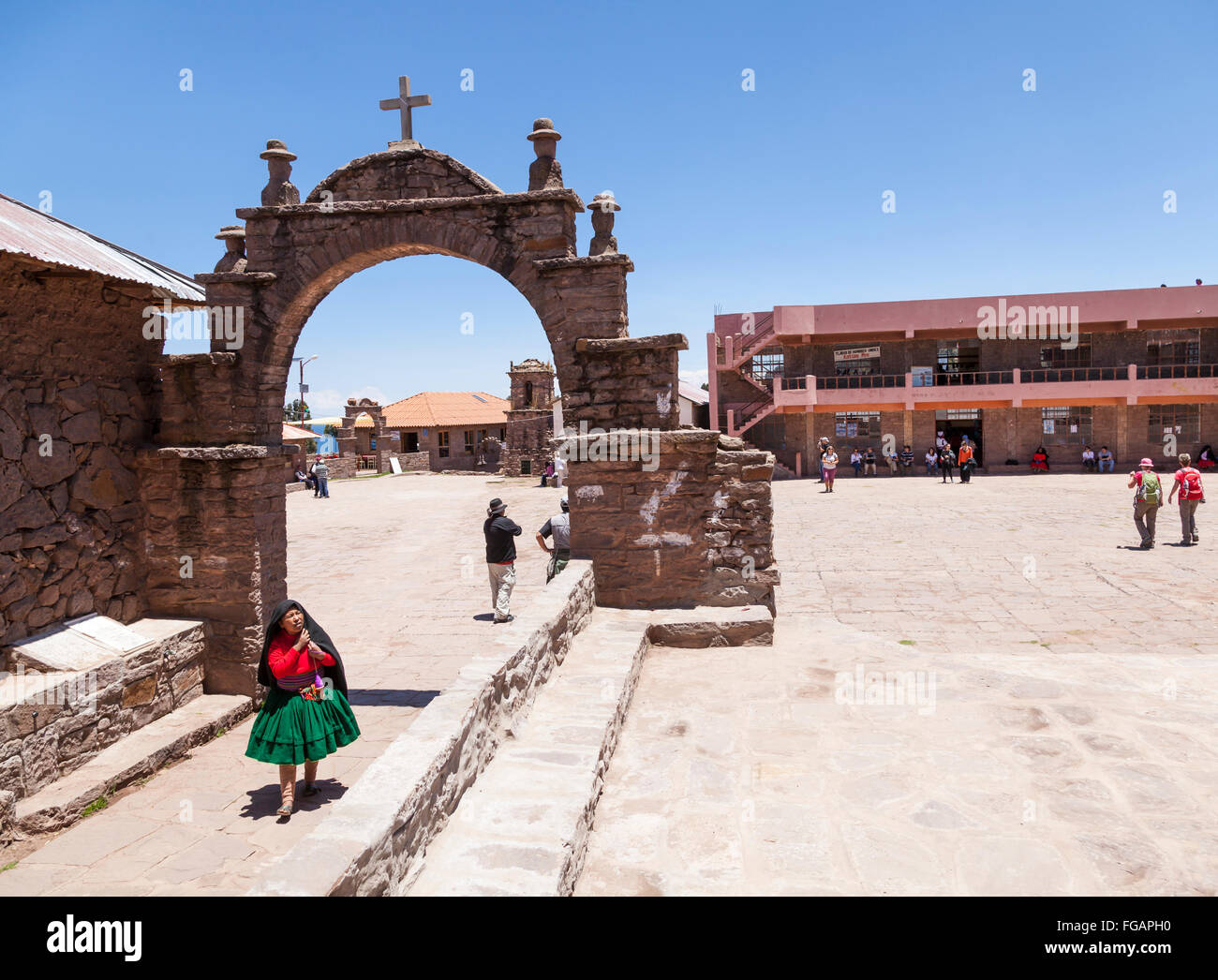 Tarquile Hauptplatz, Titicacasee, Peru Stockfoto