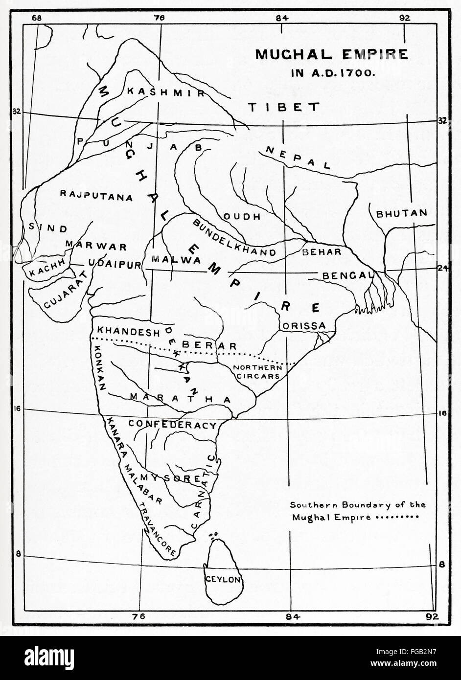 Karte von Mughal Reich in Indien, 1700. Stockfoto