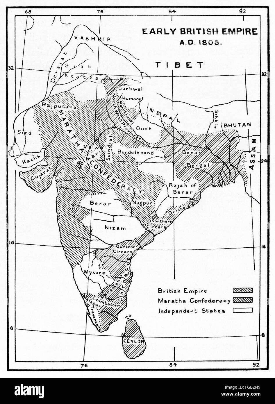 Landkarte von Briten in Indien und Ceylon, 1805 kontrollierte Gebieten. Stockfoto