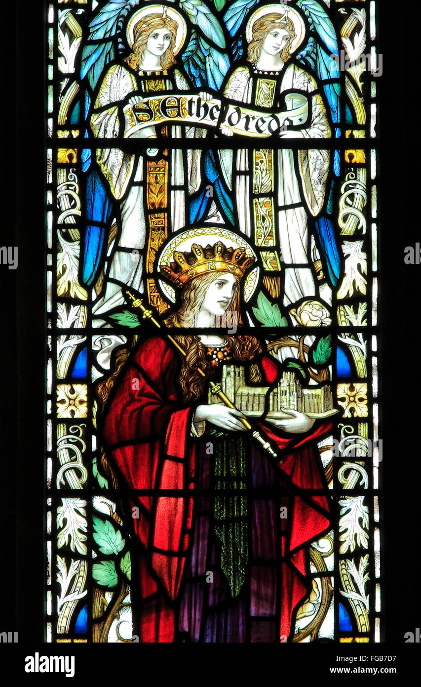 St. Etheldreda, Glasfenster, Modell der Ely Cathedral, von J. Powell, 1900, Blakeney, Norfolk, England, UK Stockfoto