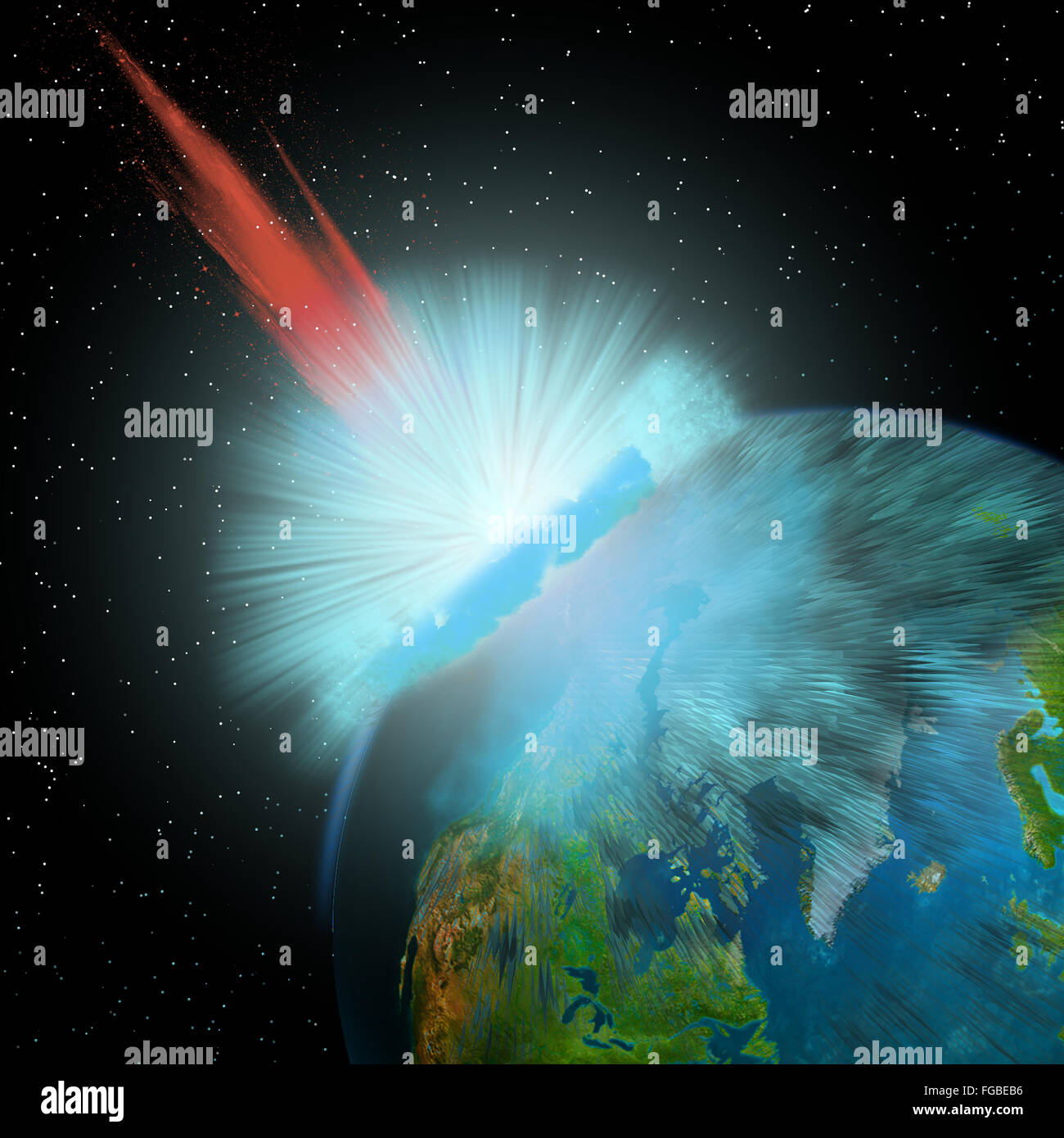 Ein Asteroid trifft die Erde in der Nähe des Nordpols verursachen enorme Schäden an die umliegenden Gebiete. Stockfoto