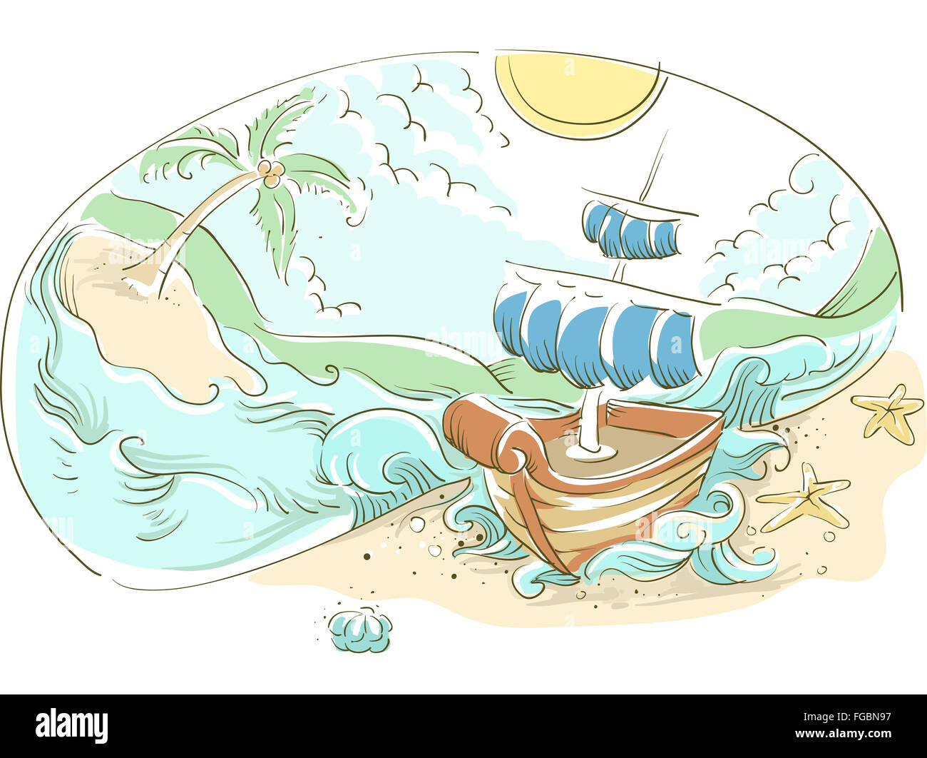 Abbildung eines Schiffes stecken auf einer einsamen Insel Stockfoto
