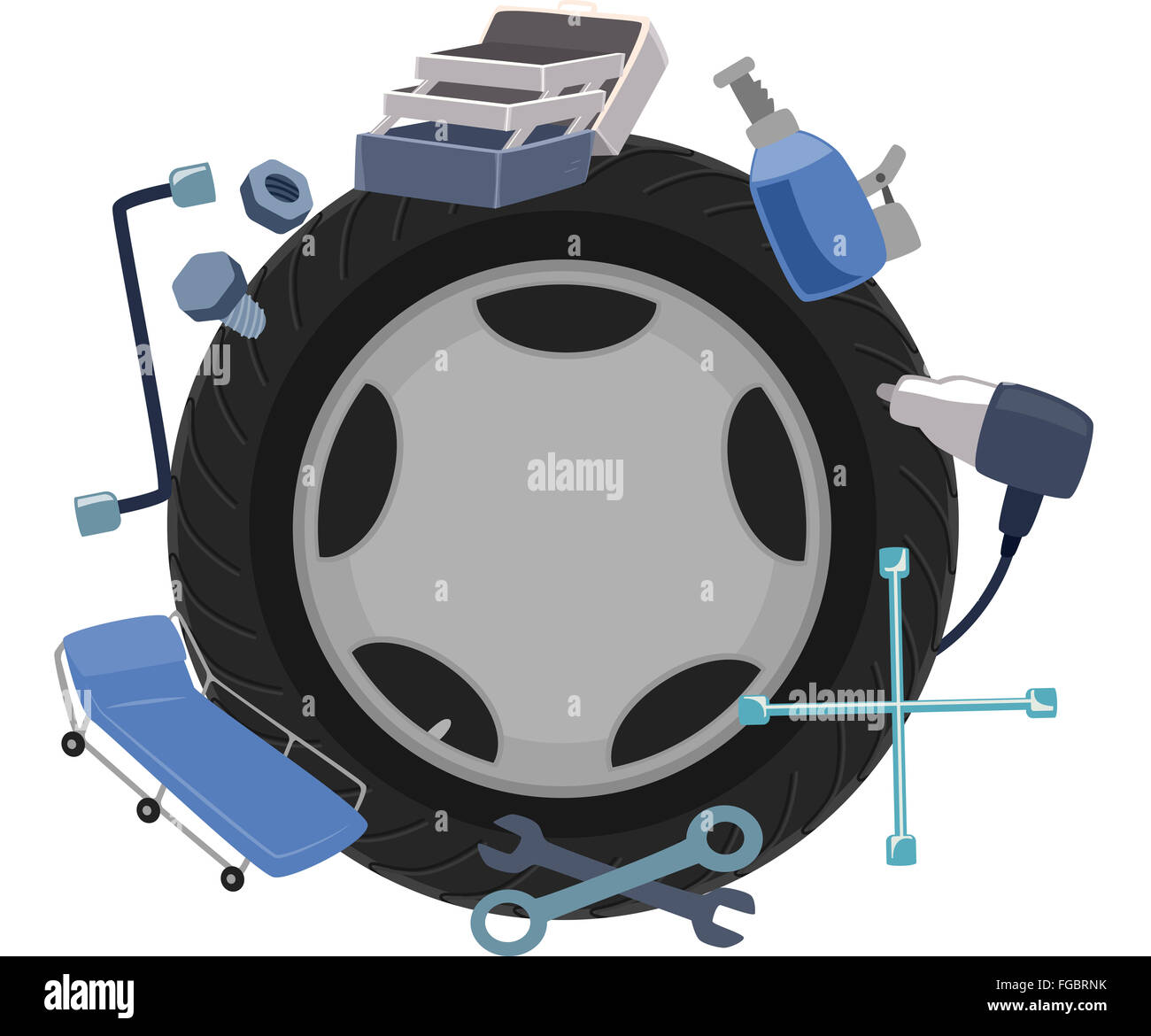 Abbildung eines Rades umgeben von mechanischen Werkzeugen Stockfoto