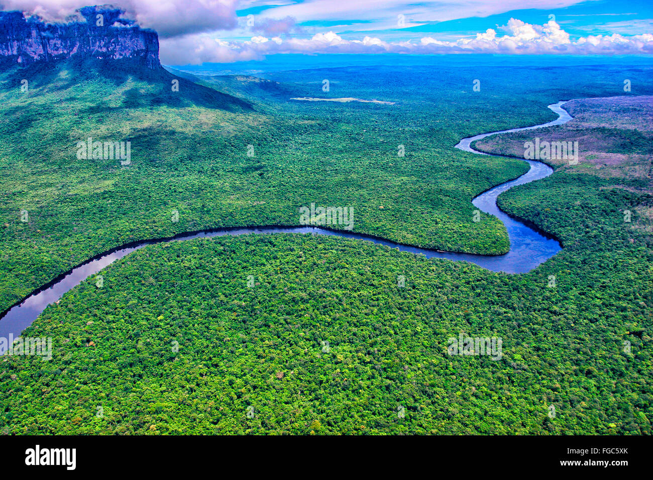 Die gewundenen Carrao Fluss gesehen von der airin Canaima National ParkVenezuela Stockfoto