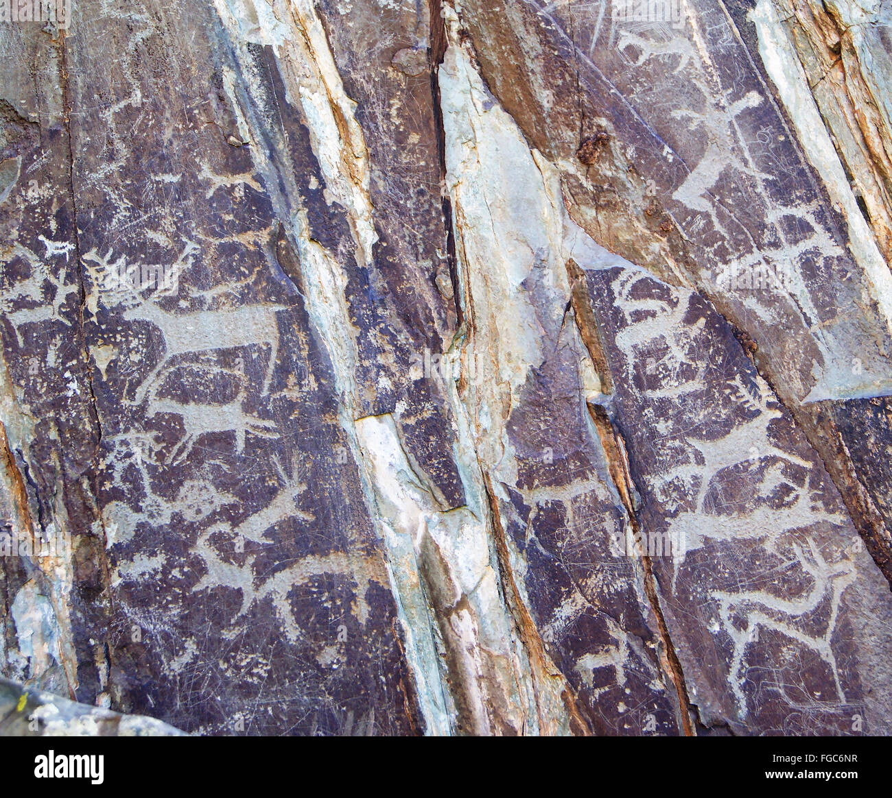 Silhouetten von Menschen und Tieren, die auf den Felsen von Naturvölkern, Petroglyphen, Felszeichnungen geschnitzt Stockfoto