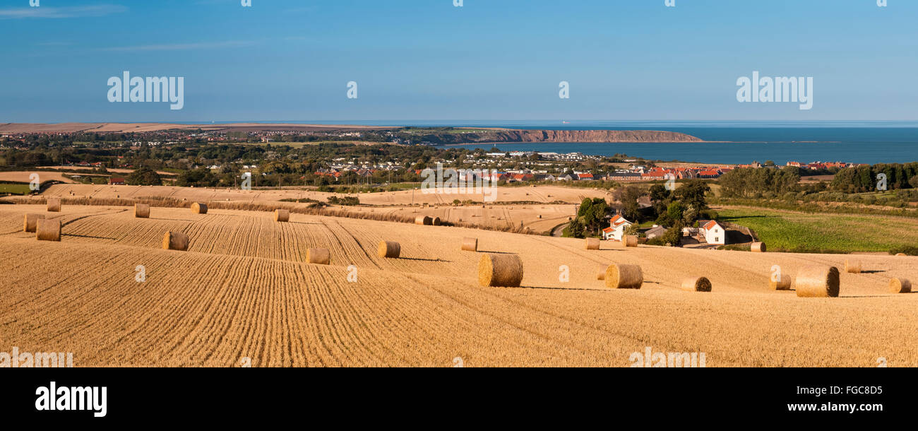 Blick auf abgeernteten Feldern mit Rollen von gebundenen Stroh im Rückblick auf die Küste und Filey Brigg. Filey, North Yorkshire. QE2 Stockfoto