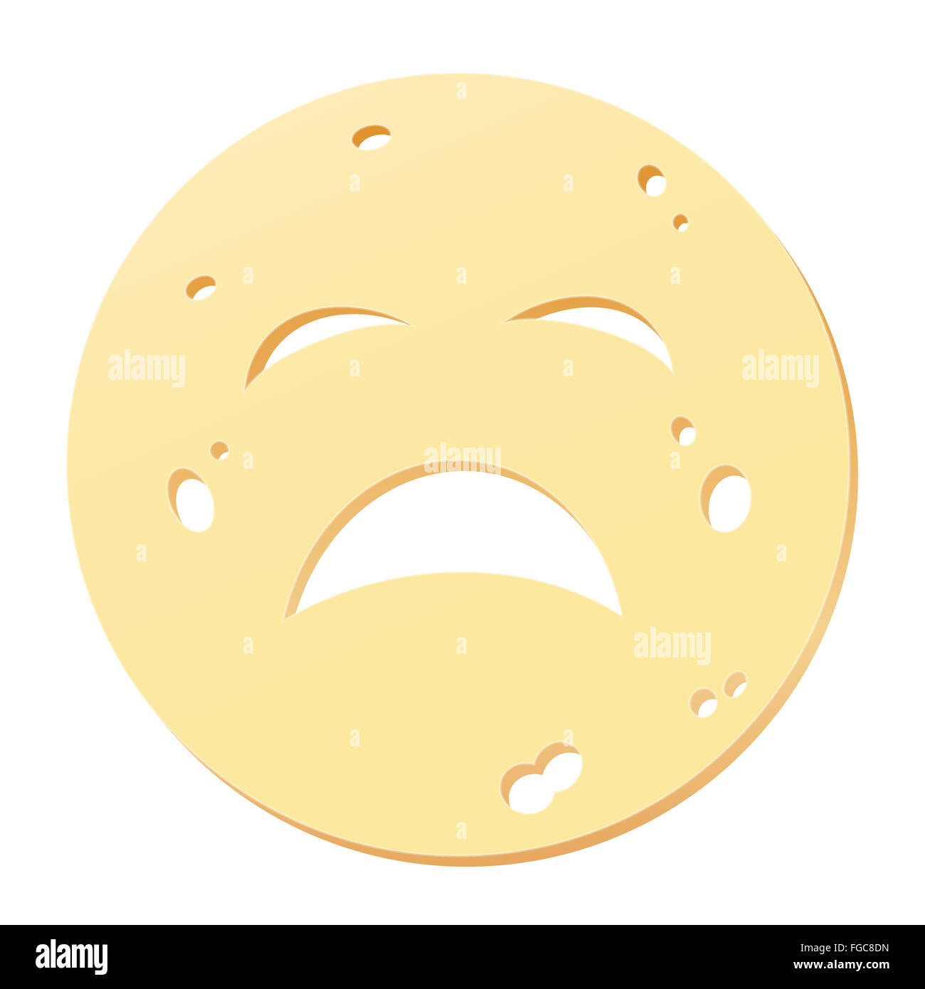 Käse-Scheibe mit unglücklichen Gesicht - Symbol für ungesund, schädlich, Allergene oder veraltete Ernährung. Stockfoto