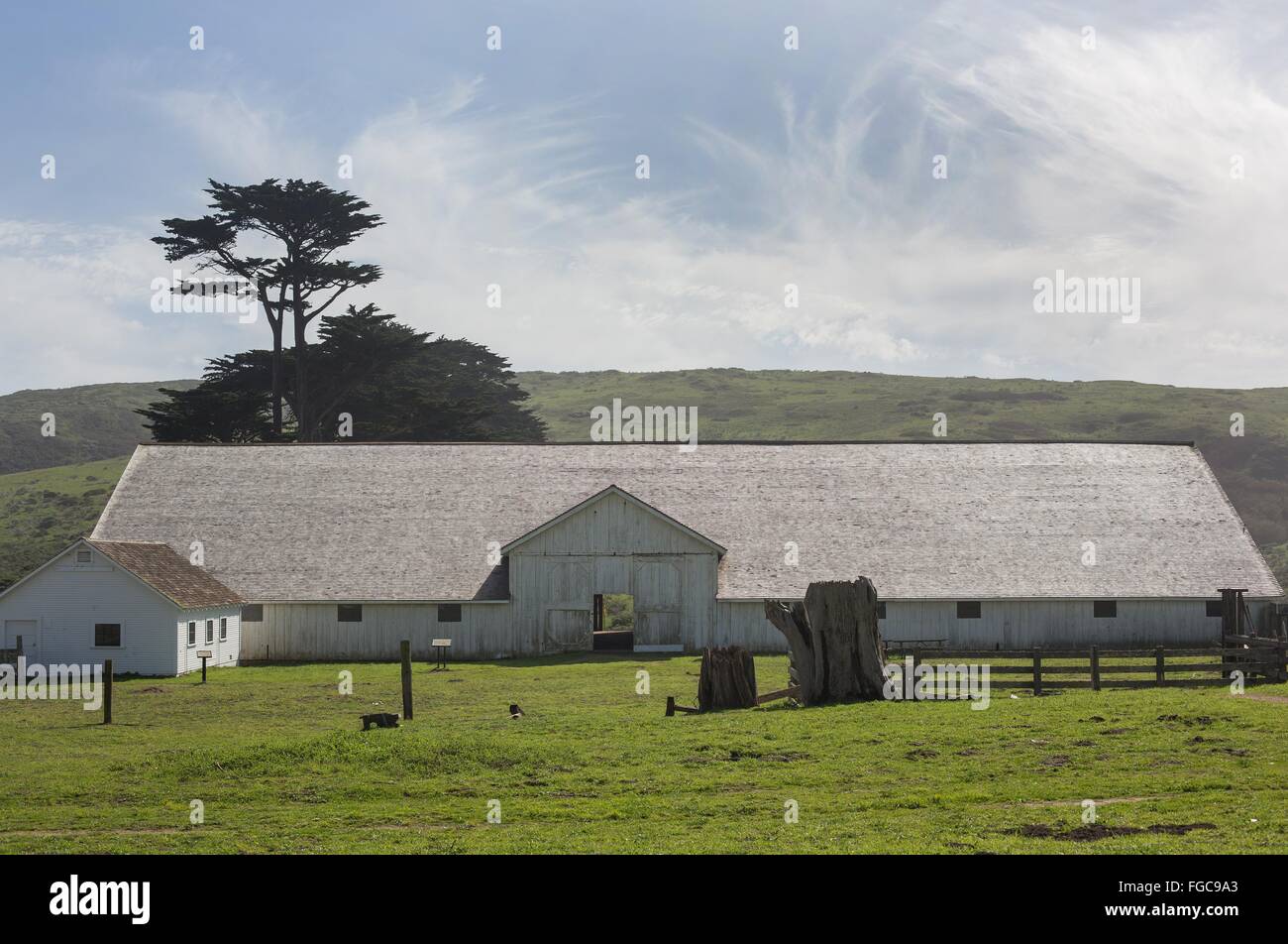 Eine große, alte Scheune in Pierce Point Ranch in Point Reyes National Seashore in northern California, USA. Stockfoto